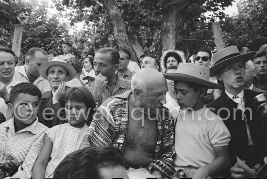 Local Corrida. Gérard Sassier, Paloma Picasso, behind her Paul Derigon, the mayor of Vallauris, Pablo Picasso, Claude Picasso, French lady bullfighter Pierrette Le Bourdiec. Vallauris 1957. - Photo by Edward Quinn