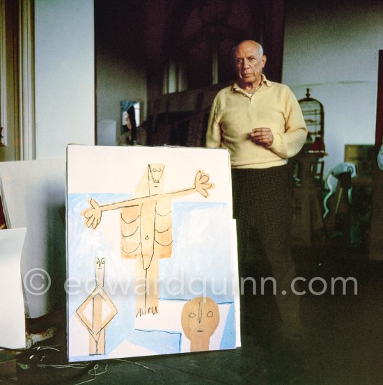 Pablo Picasso with the painting "Le tremplin". La Californie, Cannes 1957. - Photo by Edward Quinn