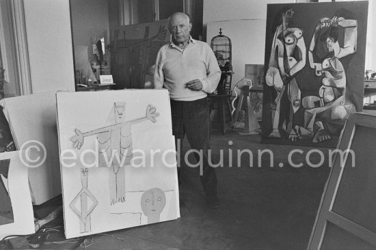 Pablo Picasso with the painting "Le tremplin". La Californie, Cannes 1957. - Photo by Edward Quinn