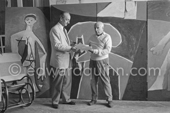 Pablo Picasso and oceanologist Jacques-Yves Cousteau. La Californie, Cannes 1958. - Photo by Edward Quinn