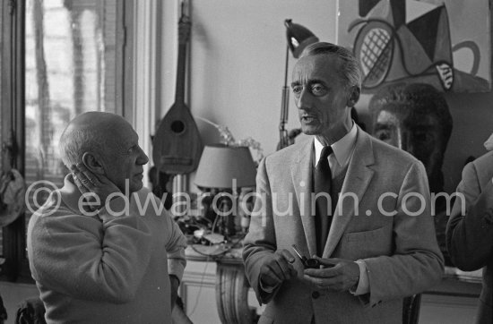 Pablo Picasso and oceanologist Jacques-Yves Cousteau. La Californie, Cannes 1958. - Photo by Edward Quinn