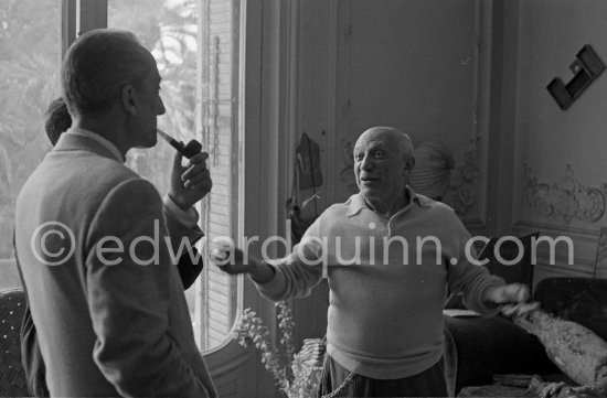 Pablo Picasso and oceanologist Jacques-Yves Cousteau. La Californie, Cannes 1958. - Photo by Edward Quinn