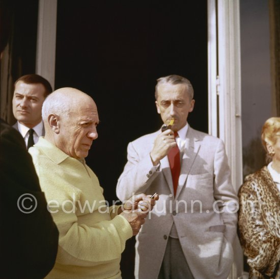 Pablo Picasso with oceanologist Jacques-Yves Cousteau and unknown visitor. La Californie, Cannes 1958. - Photo by Edward Quinn