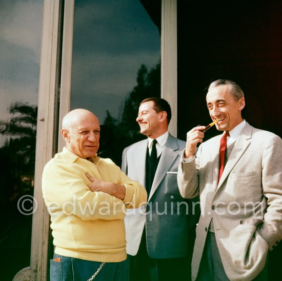 Pablo Picasso with oceanologist Jacques-Yves Cousteau and unknown visitor. La Californie, Cannes 1958. - Photo by Edward Quinn