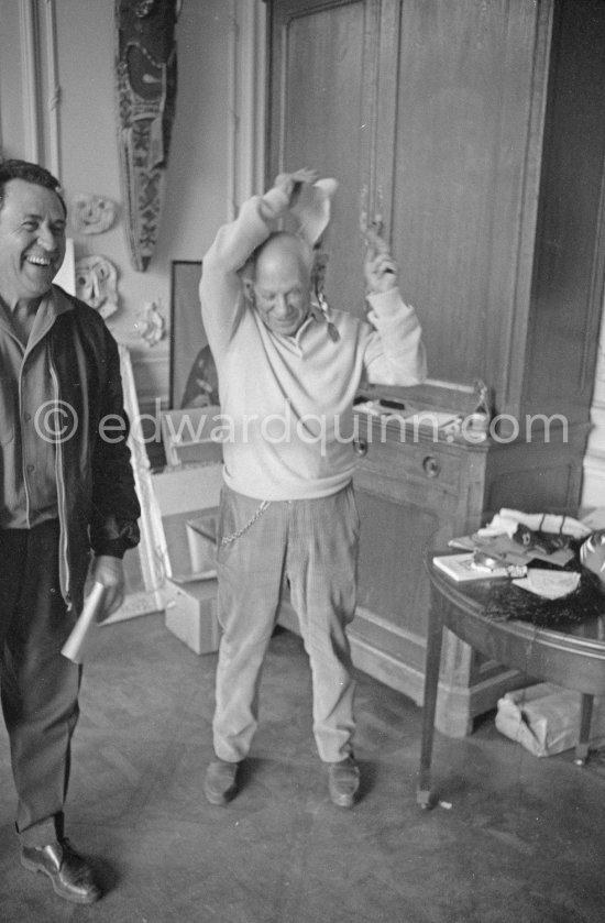 Clown scene: Pablo Picasso in drag. La Californie, Cannes 1958. - Photo by Edward Quinn