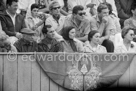 From left: Jean Cocteau, Pablo Picasso, Luis Miguel Dominguin, Lucia Bosè, Jacqueline, behind Dominguin Catherine ("Cathy") Hutin. Arles 1959. - Photo by Edward Quinn