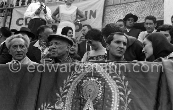 At a bullfight in Arles, from left: Jean Cocteau, Pablo Picasso, Luis Miguel Dominguin, Lucia Bosè, Arles 1959. Corrida des vendanges. Arles 1959. - Photo by Edward Quinn