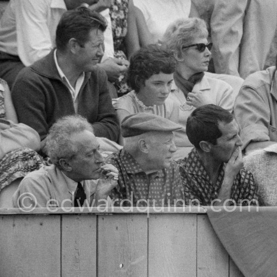 From left: Jean Cocteau, Pablo Picasso, Luis Miguel Dominguin. Second row Pablo Picasso’s chauffeur Jeannot, Catherine Hutin. Corrida des vendanges. Arles 1959. - Photo by Edward Quinn