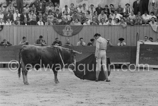 Spectators from left: Paulo Picasso, John Richardson, Douglas Cooper, Francine Weisweiller, Jean Cocteau, Pablo Picasso, Luis Miguel Dominguin (spectator because of injuries), Lucia Bosè, Jacqueline. Antonio Ordonez, a leading bullfighter in the 1950\'s and the last survivor of the dueling matadors chronicled by Hemingway in \'\'The Dangerous Summer\'\'. Corrida des vendanges. Arles 1959. Other photos of this bullfight in the bull ring see "Miscellaneous" - Photo by Edward Quinn