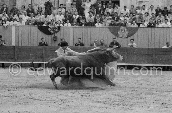 Antonio Ordonez. On the grandstand from left: Paulo Picasso, John Richardson, Douglas Cooper, Francine Weisweiler, Jean Cocteau, Pablo Picasso, Luis Miguel Dominguin, Lucia Bosè, Jacqueline Pablo Picasso. Corrida des vendanges. Arles 1959. Other photos of this bullfight in the bull ring see "Miscellaneous" - Photo by Edward Quinn