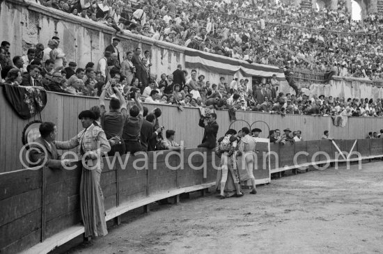 On the grandstand from left: Paulo Picasso, John Richardson, Douglas Cooper, Jean Cocteau, Pablo Picasso, Luis Miguel Dominguin. Arles 1959. Other photos of this bullfight in the bull ring see "Miscellaneous" - Photo by Edward Quinn