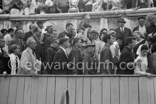 After the bullfight. Leaving the arena. From left: John Richardson, Francine Weisweiller, Jean Cocteau, Douglas Cooper, unknown person, Paulo Picasso, Pablo Picasso, Luis Miguel Dominguin (spectator because of injuries), unknown person, Catherine Hutin. Corrida Arles 1959. - Photo by Edward Quinn