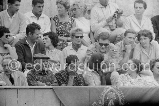 from left: Jean Cocteau, Picasso, Luis Miguel Dominguin. Lucia Bose, Jacqueline. Arles 1959. Corrida des vendanges à Arles 1959. - Photo by Edward Quinn