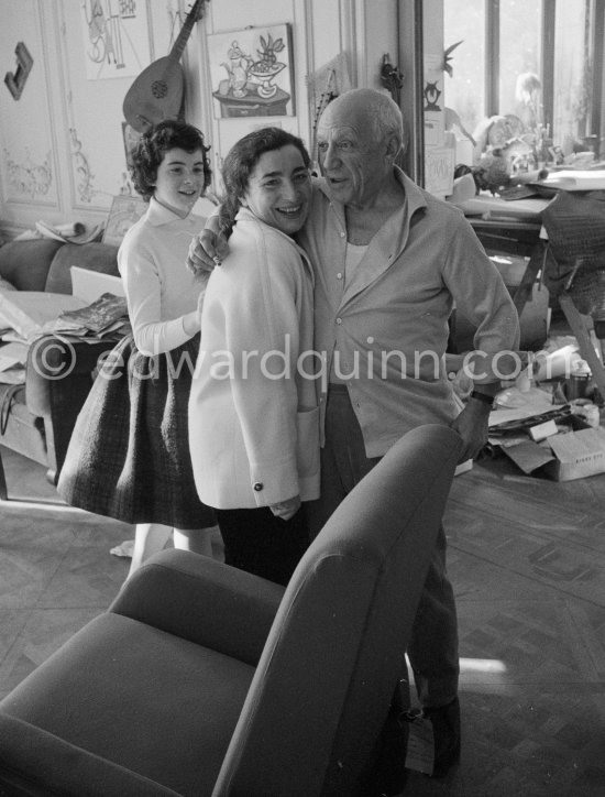 Pablo Picasso and Jacqueline. In the background Catherine Hutin. La Californie, Cannes 1959. - Photo by Edward Quinn