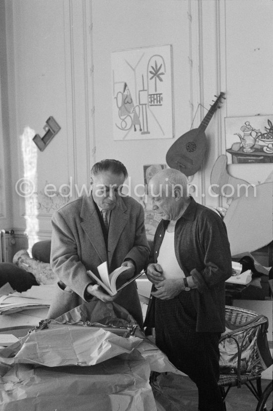 Pablo Picasso and Henri Matarasso, gallery owner and publisher. La Californie, Cannes 1959. - Photo by Edward Quinn