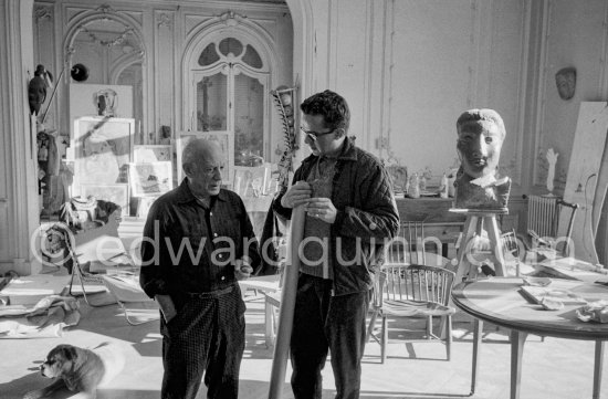 Pablo Picasso and Pierre Baudouin. Pablo Picasso's boxer dog Jan. La Californie, Cannes 1959. - Photo by Edward Quinn