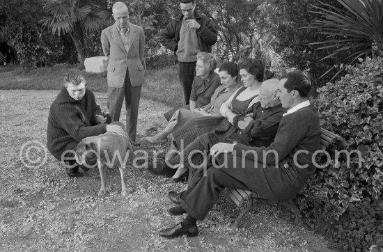 Pablo Picasso, Jacqueline, Michel Leiris, Louise Leiris, Luis Miguel Dominguin and his wife Lucia Bosè, Paulo Picasso and boxer dog Jan. La Californie, Cannes 1959. - Photo by Edward Quinn