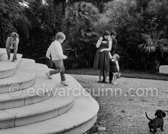 Luis Miguel Dominguin and his wife Lucia Bosè and their children Louis and Lucia with dogs Jan and Lump. La Californie, Cannes 1959. - Photo by Edward Quinn