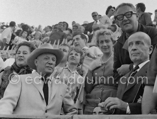 Pablo Picasso at the bullfight, on the left of him Michel Leiris and Douglas Cooper, on the right of Pablo Picasso Marie Cuttoli. Arles 1960. - Photo by Edward Quinn