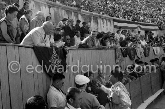 Luis Miguel Dominguin chatting with Pablo Picasso and Jacqueline before the fight. On the right of Pablo Picasso Anna Maria Torra Amat, wife of Spanish publisher Gustavo Gili. Corrida Arles 1960. - Photo by Edward Quinn