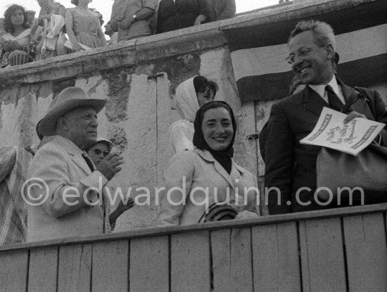 Pablo Picasso, Jacqueline and Spanish publisher Gustavo Gili after the bullfight. Arles 1960. - Photo by Edward Quinn
