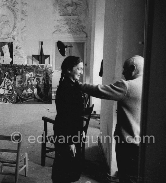 Pablo Picasso and Jacqueline at a window of Château de Vauvenargues 1960, where they lived from 1959-62, in the foothills of Mont Sainte-Victoire, near Aix-en-Provence. - Photo by Edward Quinn