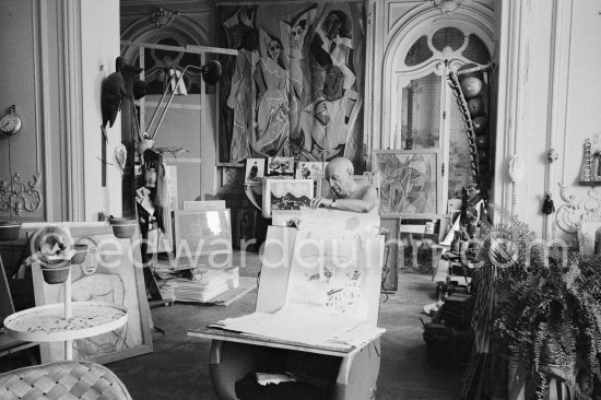 Pablo Picasso showing his original lithograph for the poster announcing his 1960. show in Nice. With the parrot of Pablo Picasso. La Californie, Cannes 1960. - Photo by Edward Quinn