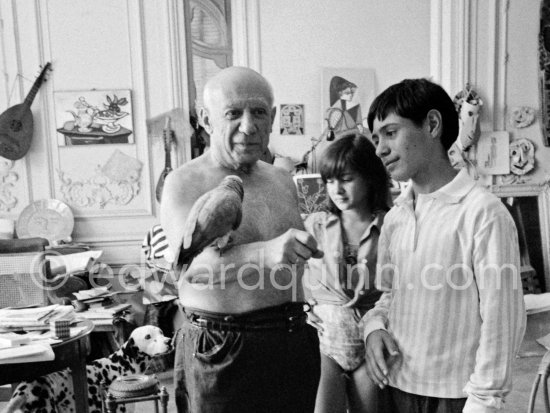 Picasso's children Paloma and Claude are spending their school holidays with him. and here he introduces them to a new pet, a talking parrot, which is squatting on his arm. La Californie, Cannes 1960. - Photo by Edward Quinn
