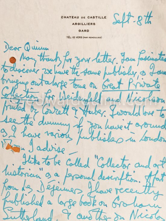 Letter (1/2) of Douglas Cooper to Edward Quinn. 8 Sept 1960, Chateau de Castille, Uzès. - Photo by Edward Quinn