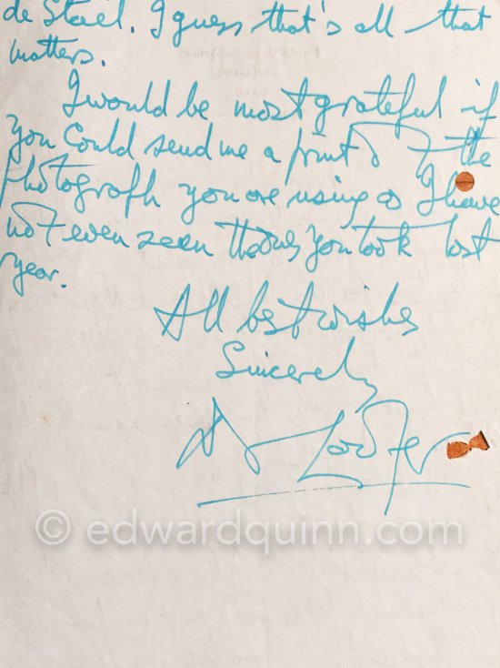 Letter (2/2) of Douglas Cooper to Edward Quinn. 8 Sept 1960. Chateau de Castille, Uzès. - Photo by Edward Quinn