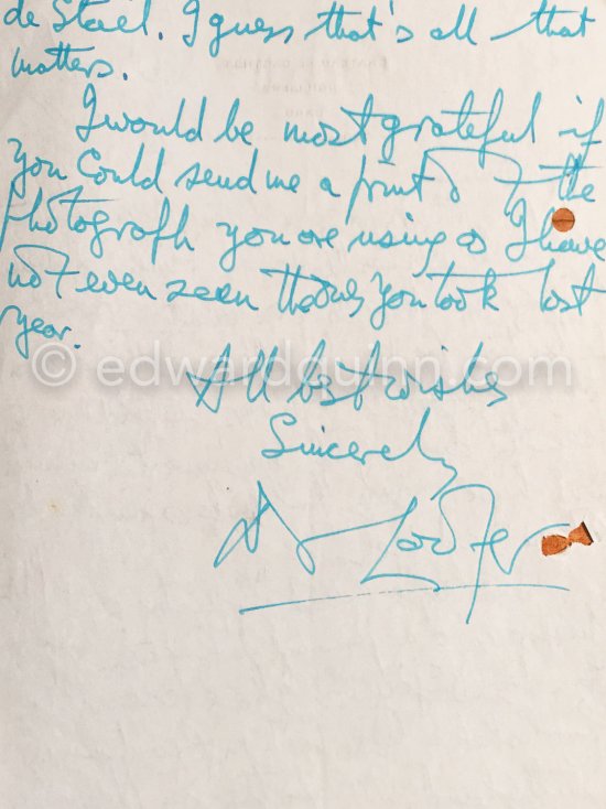 Letter (2/2) of Douglas Cooper to Edward Quinn. 8 Sept 1960. Chateau de Castille, Uzès. - Photo by Edward Quinn