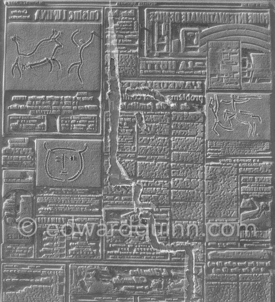 A stereotype mold ("flong") of a newspaper page ("Le Patriote") with inserts by Pablo Picasso, probably made with an intermediate plaster stage. Vallauris 1960. - Photo by Edward Quinn