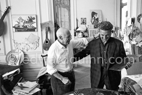 Pablo Picasso and Jacques Frélaut, printer, Vallauris. La Californie, Cannes, 16.3.1961. - Photo by Edward Quinn