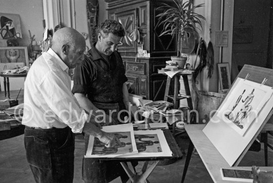 Pablo Picasso and Jacques Frélaut, Printer In Vallauris. At a table by Joseph-Marius Tiola. La Californie, Cannes 1961. - Photo by Edward Quinn