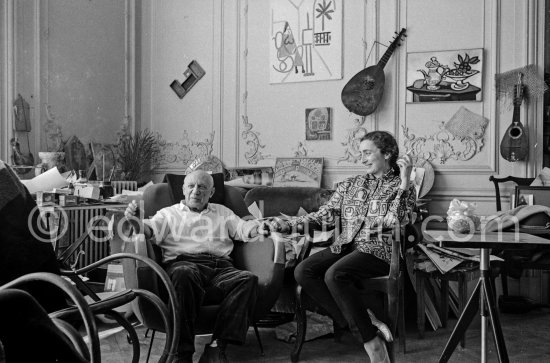 Pablo Picasso and Jacqueline. She Is Wearing A Blouse Made From A Textile Designed By Pablo Picasso. La Californie, Cannes 1961. - Photo by Edward Quinn