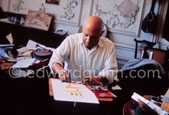 Picasso working on gouache with Caran d'Ache wax oil pastels and water color. Picasso always liked surprises and in his work he encouraged unpredictable outcomes. La Californie, Cannes, Easter (good Friday) 16.3.1961. - Photo by Edward Quinn