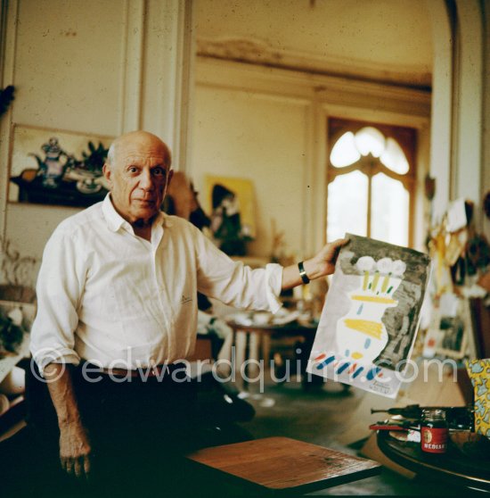 Pablo Picasso with gouache made with Caran d'Ache wax oil pastels and water color. Pablo Picasso always liked surprises and in his work he encouraged unpredictable outcomes. La Californie, Cannes 1961. - Photo by Edward Quinn