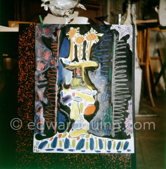 Gouache of Pablo Picasso, Caran D'ache wax oil pastels and water color. Pablo Picasso always liked surprises and in his work he encouraged unpredictable outcomes. La Californie, Cannes 1961. - Photo by Edward Quinn