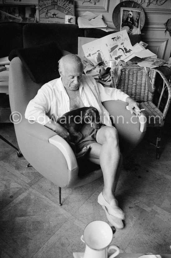 Pablo Picasso with his dachshund Ma Jolie. La Californie, Cannes 1961. - Photo by Edward Quinn