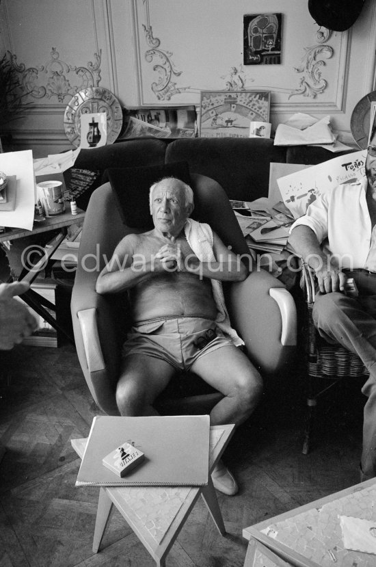 Pablo Picasso. A Ripolin can behind him. La Californie, Cannes 1961. - Photo by Edward Quinn