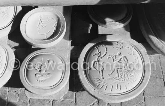 Plaster moulds/blocks for the production of ceramic editions. Madoura pottery, Vallauris 1961. - Photo by Edward Quinn