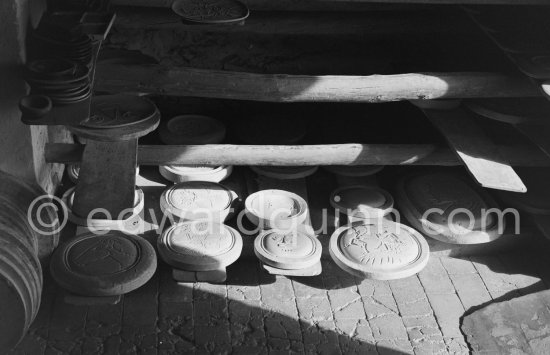Blocks (moulds) for printed ceramic plates. Madoura pottery, Vallauris 1961 - Photo by Edward Quinn