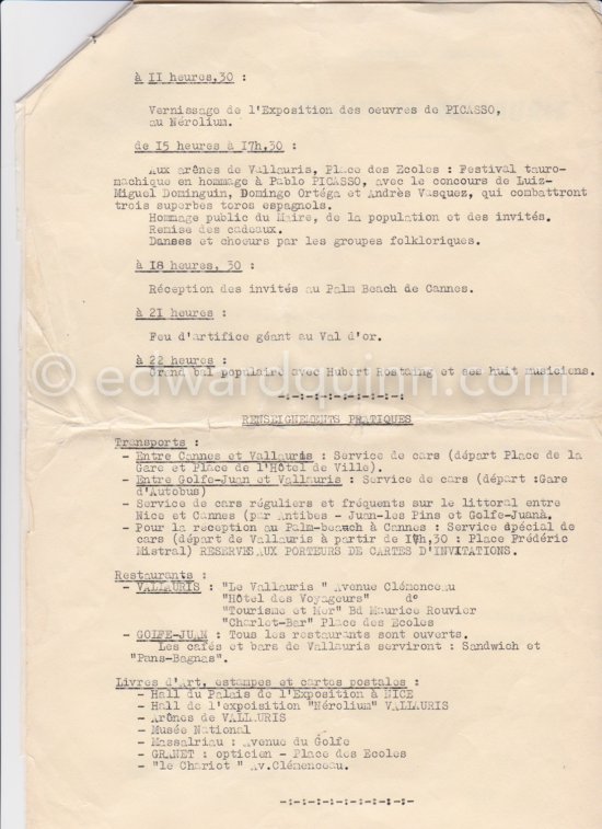 Program for "Hommage à Pablo Picasso", the festivities put on in Pablo Picasso's honor for the 80th birthday. Vallauris/Nice 28-29 Oct 1961. - Photo by Edward Quinn