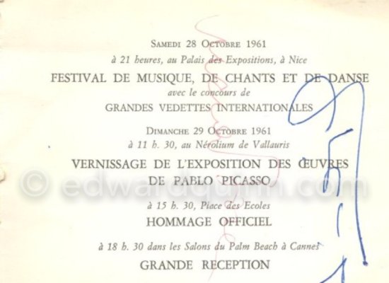 Program for "Hommage à Pablo Picasso", the festivities put on in Pablo Picasso's honor for the 80th birthday. Vallauris/Nice 28-29 Oct 1961. - Photo by Edward Quinn