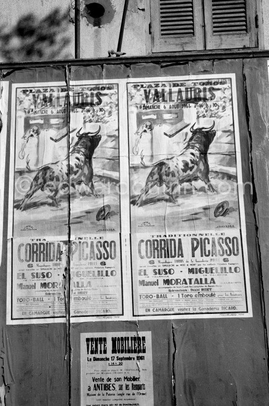 Poster for the annual bullfight put on in Pablo Picasso's honor (not the 80th birthday festivities bullfight). Vallauris 6.8.1961. - Photo by Edward Quinn