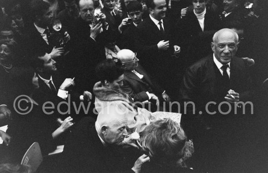 From left: Lucia Bosè, Miguel Dominguin, Daniel-Henry Kahnweiler, Jacqueline, French communist party leader Jacques Duclos, Claude Picasso, Pablo Picasso. Festivities put on in Pablo Picasso\'s honor for the 80th birthday. Nice 28.10.1961. - Photo by Edward Quinn