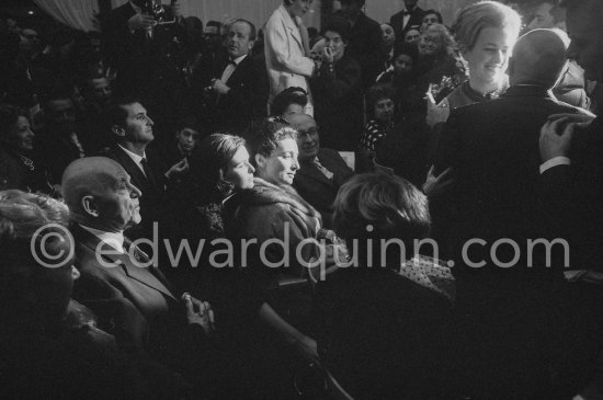 From left: Hélène Parmelin, Daniel-Henry Kahnweiler, Miguel Dominguin, Claude Picasso, Lucia Bosè, Jacqueline, French communist party leader Jacques Duclos. Right: Pablo Picasso. Festivities put on in Pablo Picasso\'s honor for the 80th birthday. Nice 28.10.1961. - Photo by Edward Quinn