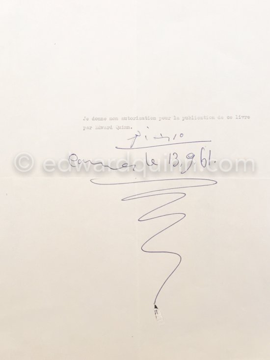 Authorization by Pablo Picasso for Edward Quinn for the book "Pablo Picasso at Work" / "Pablo Picasso - Werke und Tage"/. Cannes le 13.9. 61 - Photo by Edward Quinn