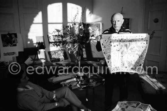 Pablo Picasso with "L'Écuyère". Mas Notre-Dame-de-Vie, Mougins 1962. - Photo by Edward Quinn