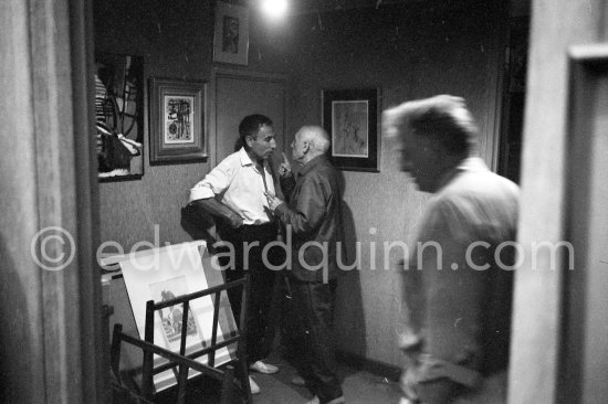 André Verdet and Pablo Picasso. On the right Edouard Pignon. Soshana Afroyim's exhibition in the Château Grimaldi in Antibes, France, 1962. - Photo by Edward Quinn